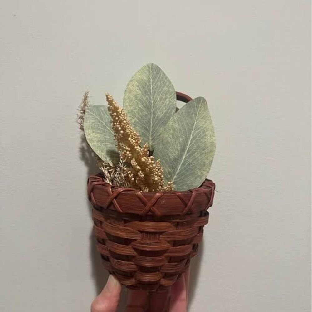 Vintage Primitive Splint Woven Wall Pocket Basket – Deep Burgundy / Red Accent